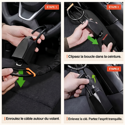 BlocAuto en 3 étapes : enrouler le câble autour du volant, clipser dans la ceinture, retirer la clé