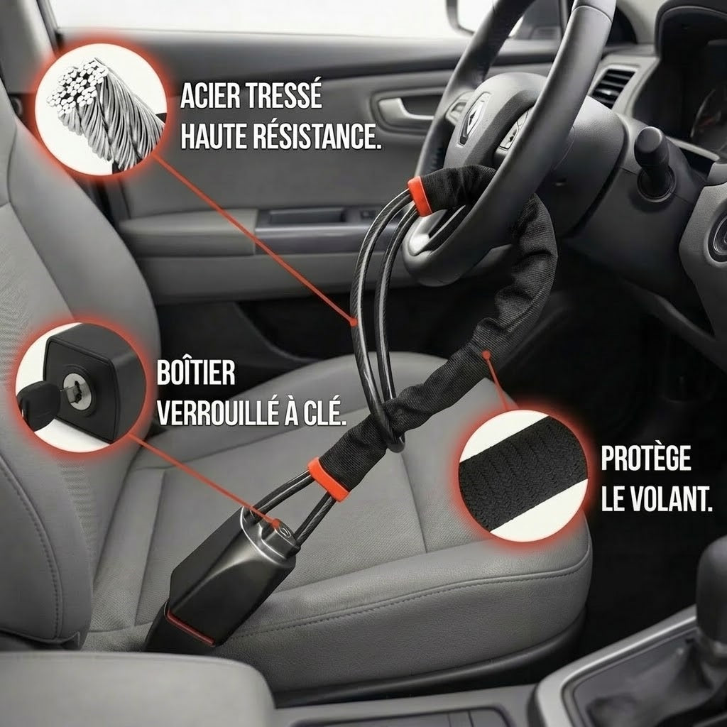 Antivol BlocAuto installé sur le volant : câble acier tressé, boîtier verrouillé à clé, gaine de protection