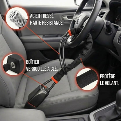 Antivol BlocAuto installé sur le volant : câble acier tressé, boîtier verrouillé à clé, gaine de protection